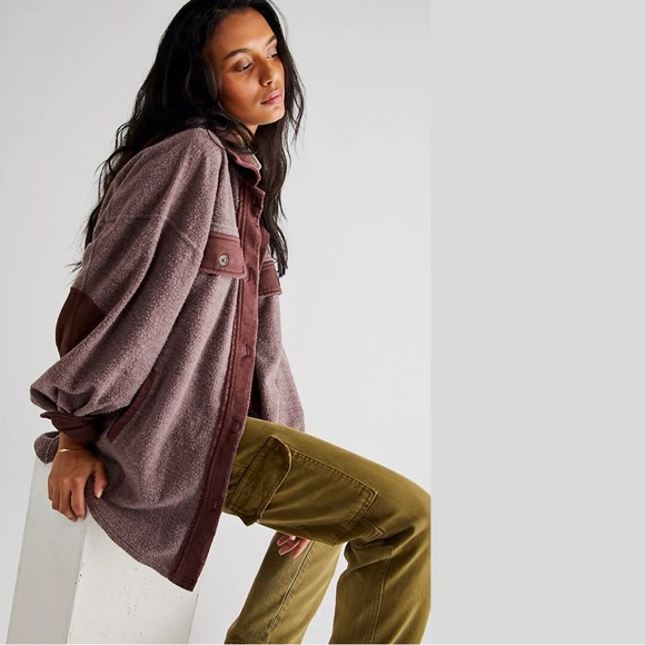 Free People Ruby Jacket Pink Burgundy Fleece Shacket Sz Small Oversized Boho - Picture 5 of 14